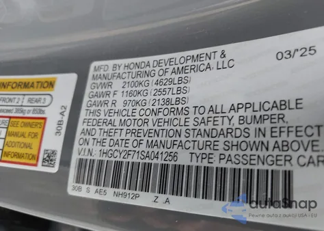 2025 Honda Accord Hybrid Sport-L из США, поврежденный, VIN 1HGCY2F71SA041256